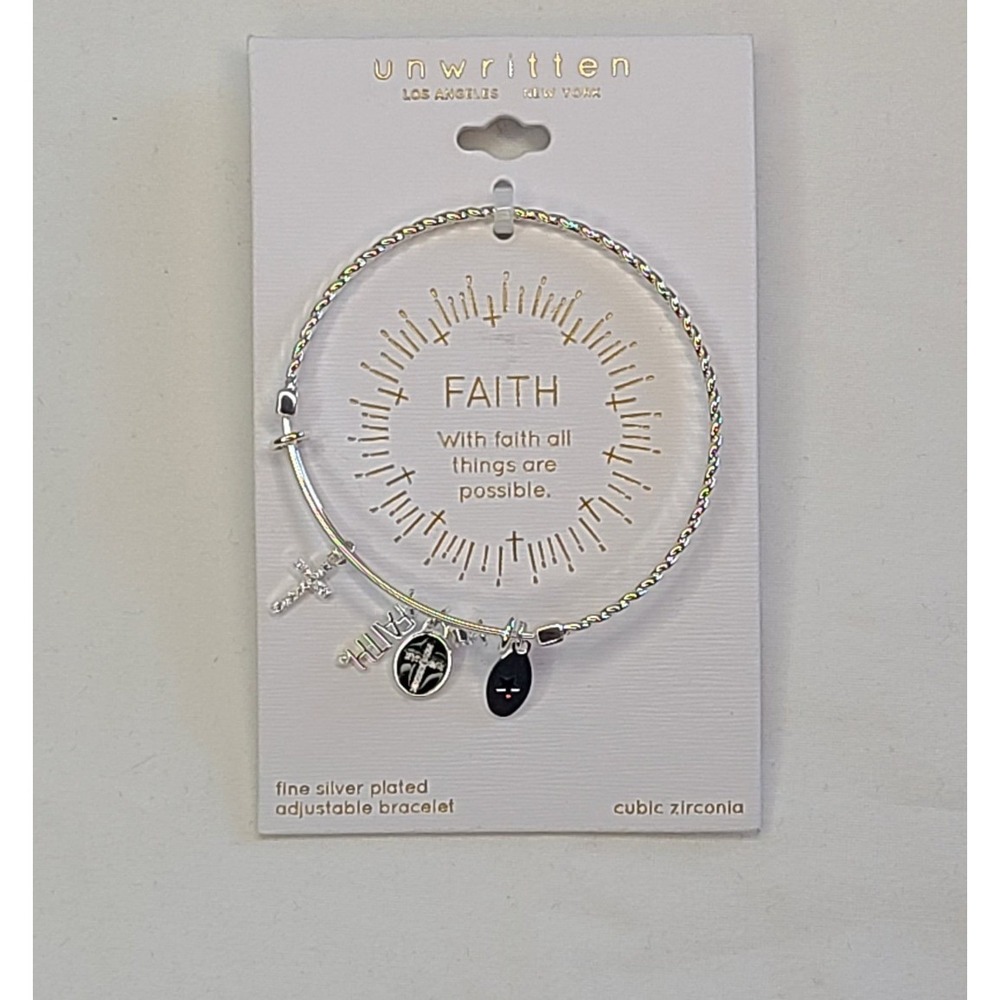 Unwritten Fine Silver Plated Faith Cubic Zirconia Adjustable Bangle‎ Bracelet
